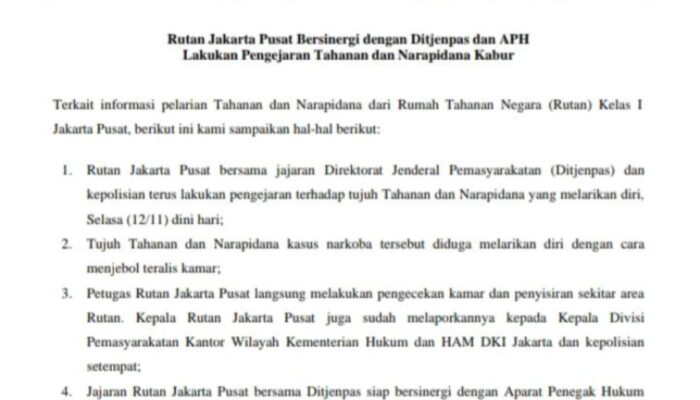 Rutan Jakarta Pusat Sinergi dengan Ditjenpas dan APH Investigasi 7 Tahanan dan Narapidana Kabur